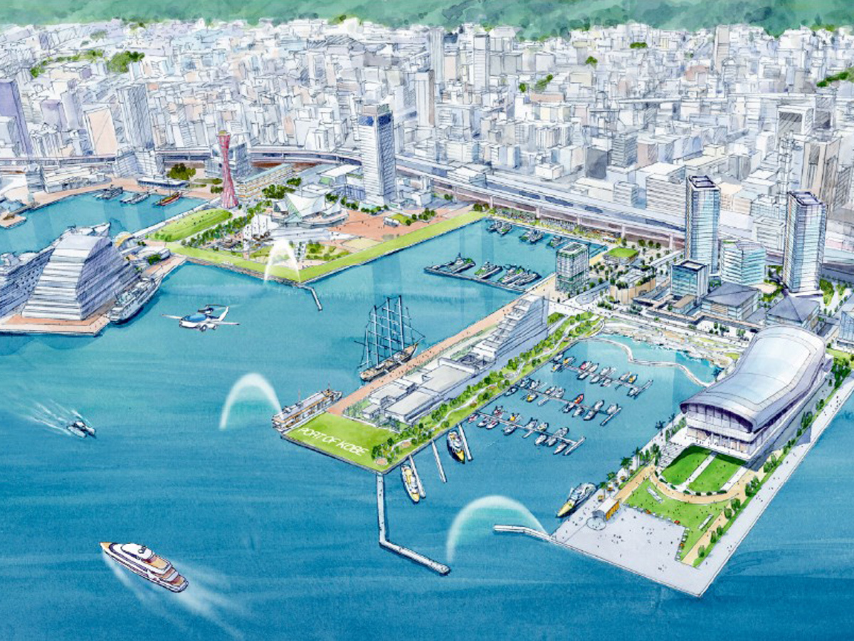 Kobe cityscape showing the sea, mountains, and urban center