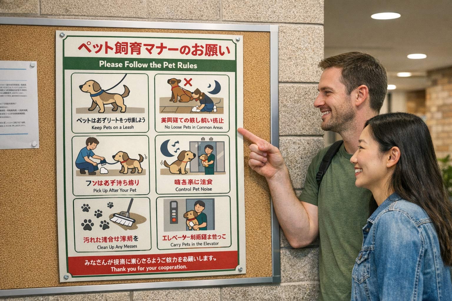 Condominium common area in Japan with pet policy signage